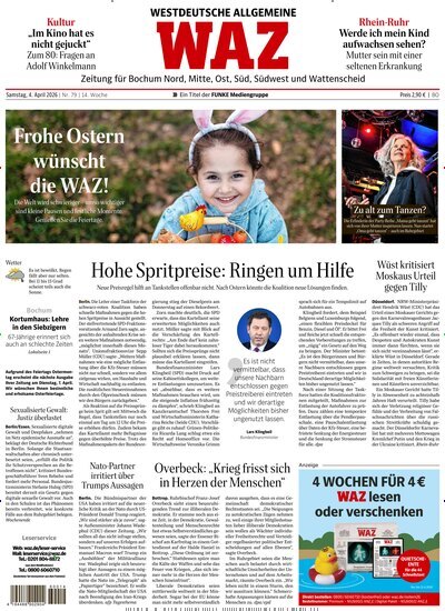 Titelbild der Ausgabe 79/2026 von WAZ Westdeutsche Allgemeine Zeitung für Bochum. Diese Zeitschrift und viele weitere Zeitungsabos als Abo oder epaper bei United Kiosk online kaufen.