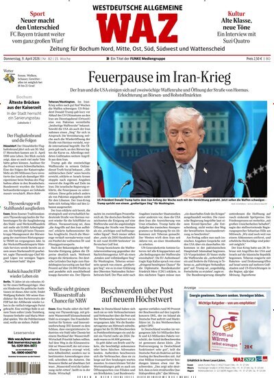 Titelbild der Ausgabe 82/2026 von WAZ Westdeutsche Allgemeine Zeitung für Bochum. Diese Zeitschrift und viele weitere Zeitungsabos als Abo oder epaper bei United Kiosk online kaufen.