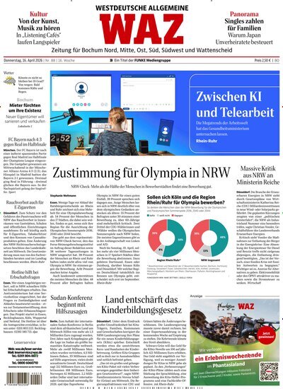 Titelbild der Ausgabe 88/2026 von WAZ Westdeutsche Allgemeine Zeitung für Bochum. Diese Zeitschrift und viele weitere Zeitungsabos als Abo oder epaper bei United Kiosk online kaufen.