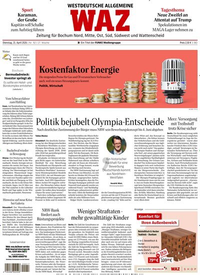 Titelbild der Ausgabe 92/2026 von WAZ Westdeutsche Allgemeine Zeitung für Bochum. Diese Zeitschrift und viele weitere Zeitungsabos als Abo oder epaper bei United Kiosk online kaufen.