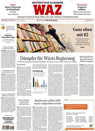 Titelbild der Ausgabe 94/2026 von WAZ Westdeutsche Allgemeine Zeitung für Bochum. Diese Zeitschrift und viele weitere Zeitungsabos als Abo oder epaper bei United Kiosk online kaufen.