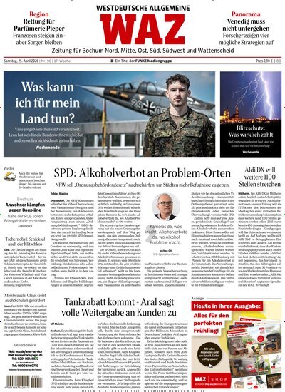 Titelbild der Ausgabe 96/2026 von WAZ Westdeutsche Allgemeine Zeitung für Bochum. Diese Zeitschrift und viele weitere Zeitungsabos als Abo oder epaper bei United Kiosk online kaufen.