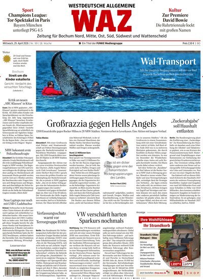 Titelbild der Ausgabe 99/2026 von WAZ Westdeutsche Allgemeine Zeitung für Bochum. Diese Zeitschrift und viele weitere Zeitungsabos als Abo oder epaper bei United Kiosk online kaufen.