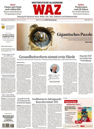 Titelbild der Ausgabe 100/2026 von WAZ Westdeutsche Allgemeine Zeitung für Bochum. Diese Zeitschrift und viele weitere Zeitungsabos als Abo oder epaper bei United Kiosk online kaufen.
