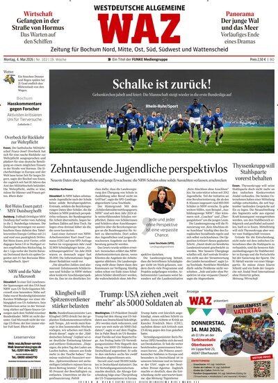 Titelbild der Ausgabe 102/2026 von WAZ Westdeutsche Allgemeine Zeitung für Bochum. Diese Zeitschrift und viele weitere Zeitungsabos als Abo oder epaper bei United Kiosk online kaufen.