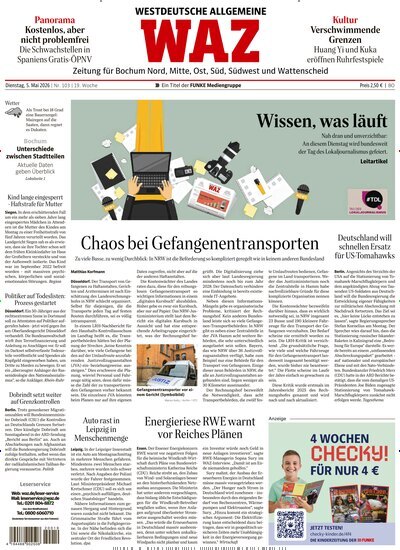 Titelbild der Ausgabe 103/2026 von WAZ Westdeutsche Allgemeine Zeitung für Bochum. Diese Zeitschrift und viele weitere Zeitungsabos als Abo oder epaper bei United Kiosk online kaufen.