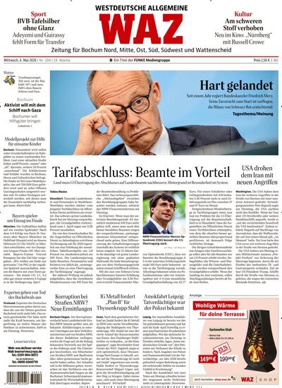 Titelbild der Ausgabe 104/2026 von WAZ Westdeutsche Allgemeine Zeitung für Bochum. Diese Zeitschrift und viele weitere Zeitungsabos als Abo oder epaper bei United Kiosk online kaufen.