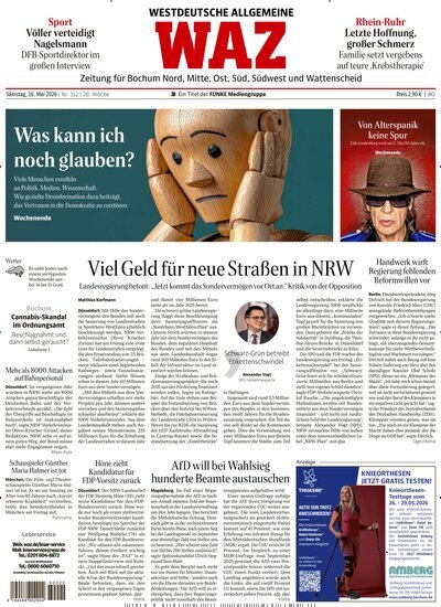 Titelbild der Ausgabe 112/2026 von WAZ Westdeutsche Allgemeine Zeitung für Bochum. Diese Zeitschrift und viele weitere Zeitungsabos als Abo oder epaper bei United Kiosk online kaufen.