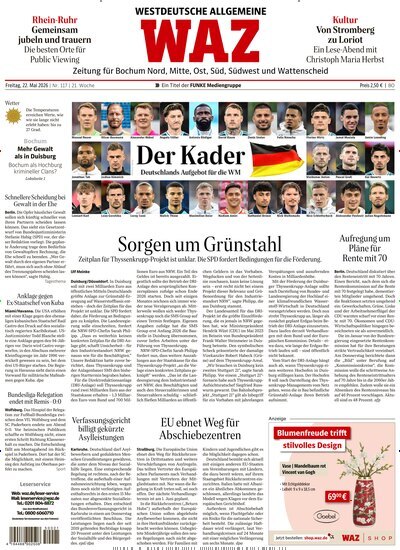 Titelbild der Ausgabe 117/2026 von WAZ Westdeutsche Allgemeine Zeitung für Bochum. Diese Zeitschrift und viele weitere Zeitungsabos als Abo oder epaper bei United Kiosk online kaufen.