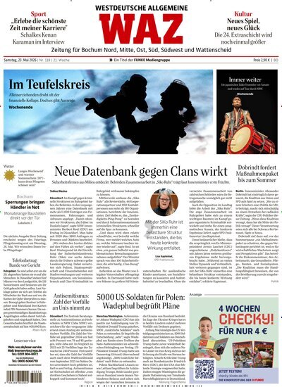 Titelbild der Ausgabe 118/2026 von WAZ Westdeutsche Allgemeine Zeitung für Bochum. Diese Zeitschrift und viele weitere Zeitungsabos als Abo oder epaper bei United Kiosk online kaufen.
