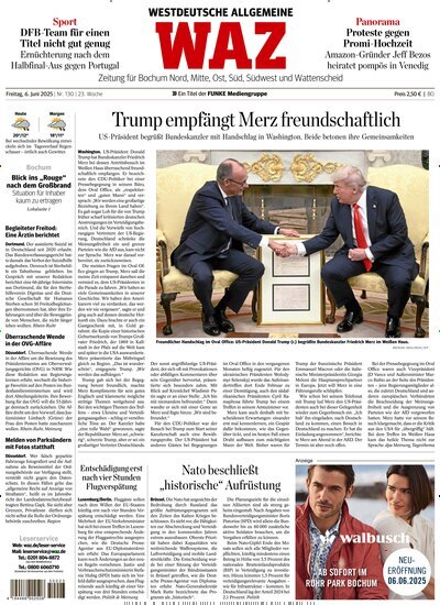Titelbild der Ausgabe 130/2025 von WAZ Westdeutsche Allgemeine Zeitung für Bochum. Diese Zeitschrift und viele weitere Zeitungsabos als Abo oder epaper bei United Kiosk online kaufen.