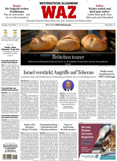 Titelbild der Ausgabe 138/2025 von WAZ Westdeutsche Allgemeine Zeitung für Bochum. Diese Zeitschrift und viele weitere Zeitungsabos als Abo oder epaper bei United Kiosk online kaufen.