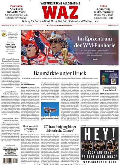 Titelbild der Ausgabe 138/2026 von WAZ Westdeutsche Allgemeine Zeitung für Bochum. Diese Zeitschrift und viele weitere Zeitungsabos als Abo oder epaper bei United Kiosk online kaufen.