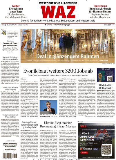 Titelbild der Ausgabe 139/2026 von WAZ Westdeutsche Allgemeine Zeitung für Bochum. Diese Zeitschrift und viele weitere Zeitungsabos als Abo oder epaper bei United Kiosk online kaufen.