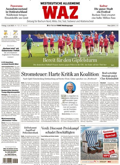 Titelbild der Ausgabe 152/2025 von WAZ Westdeutsche Allgemeine Zeitung für Bochum. Diese Zeitschrift und viele weitere Zeitungsabos als Abo oder epaper bei United Kiosk online kaufen.