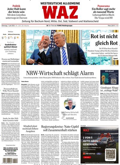 Titelbild der Ausgabe 154/2026 von WAZ Westdeutsche Allgemeine Zeitung für Bochum. Diese Zeitschrift und viele weitere Zeitungsabos als Abo oder epaper bei United Kiosk online kaufen.