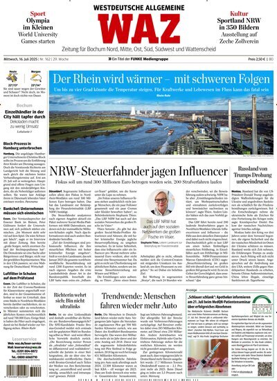 Titelbild der Ausgabe 162/2025 von WAZ Westdeutsche Allgemeine Zeitung für Bochum. Diese Zeitschrift und viele weitere Zeitungsabos als Abo oder epaper bei United Kiosk online kaufen.