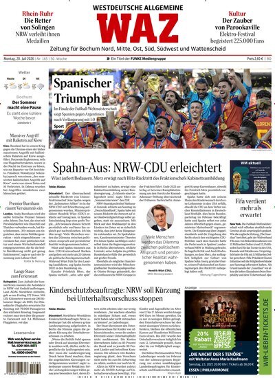 Titelbild der Ausgabe 165/2026 von WAZ Westdeutsche Allgemeine Zeitung für Bochum. Diese Zeitschrift und viele weitere Zeitungsabos als Abo oder epaper bei United Kiosk online kaufen.
