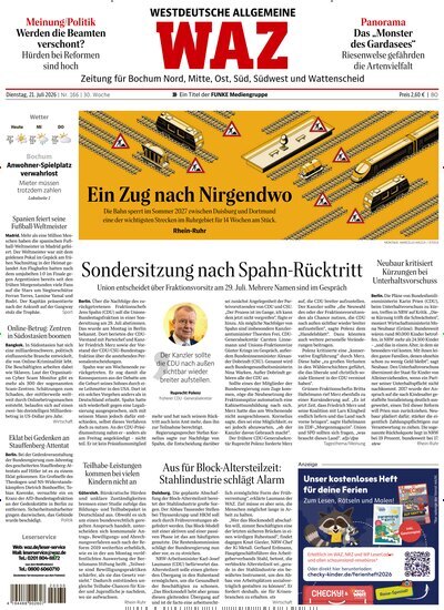 Titelbild der Ausgabe 166/2026 von WAZ Westdeutsche Allgemeine Zeitung für Bochum. Diese Zeitschrift und viele weitere Zeitungsabos als Abo oder epaper bei United Kiosk online kaufen.
