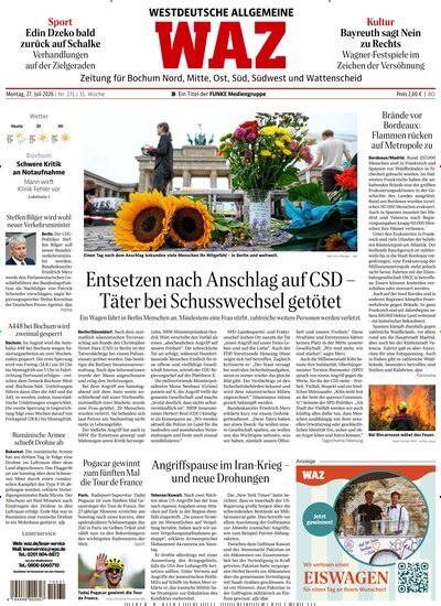 Titelbild der Ausgabe 171/2026 von WAZ Westdeutsche Allgemeine Zeitung für Bochum. Diese Zeitschrift und viele weitere Zeitungsabos als Abo oder epaper bei United Kiosk online kaufen.