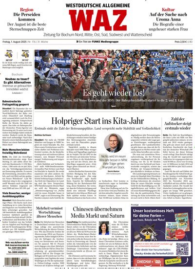Titelbild der Ausgabe 176/2025 von WAZ Westdeutsche Allgemeine Zeitung für Bochum. Diese Zeitschrift und viele weitere Zeitungsabos als Abo oder epaper bei United Kiosk online kaufen.