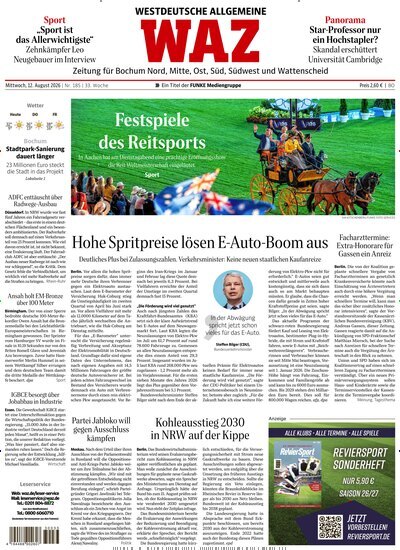 Titelbild der Ausgabe 185/2026 von WAZ Westdeutsche Allgemeine Zeitung für Bochum. Diese Zeitschrift und viele weitere Zeitungsabos als Abo oder epaper bei United Kiosk online kaufen.