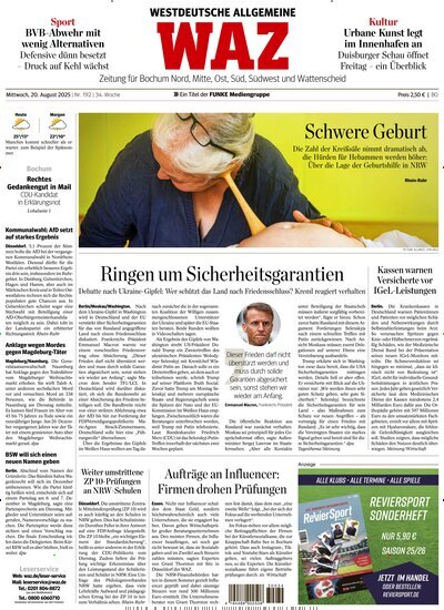 Titelbild der Ausgabe 192/2025 von WAZ Westdeutsche Allgemeine Zeitung für Bochum. Diese Zeitschrift und viele weitere Zeitungsabos als Abo oder epaper bei United Kiosk online kaufen.