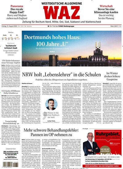 Titelbild der Ausgabe 193/2026 von WAZ Westdeutsche Allgemeine Zeitung für Bochum. Diese Zeitschrift und viele weitere Zeitungsabos als Abo oder epaper bei United Kiosk online kaufen.
