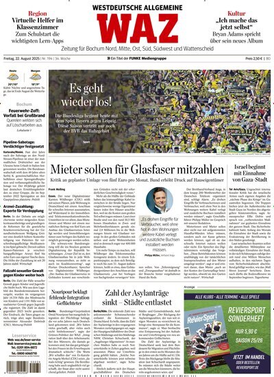 Titelbild der Ausgabe 194/2025 von WAZ Westdeutsche Allgemeine Zeitung für Bochum. Diese Zeitschrift und viele weitere Zeitungsabos als Abo oder epaper bei United Kiosk online kaufen.