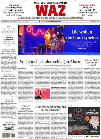 Titelbild der Ausgabe 198/2026 von WAZ Westdeutsche Allgemeine Zeitung für Bochum. Diese Zeitschrift und viele weitere Zeitungsabos als Abo oder epaper bei United Kiosk online kaufen.