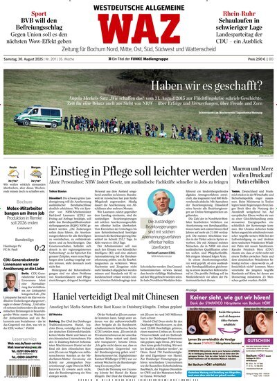 Titelbild der Ausgabe 201/2025 von WAZ Westdeutsche Allgemeine Zeitung für Bochum. Diese Zeitschrift und viele weitere Zeitungsabos als Abo oder epaper bei United Kiosk online kaufen.