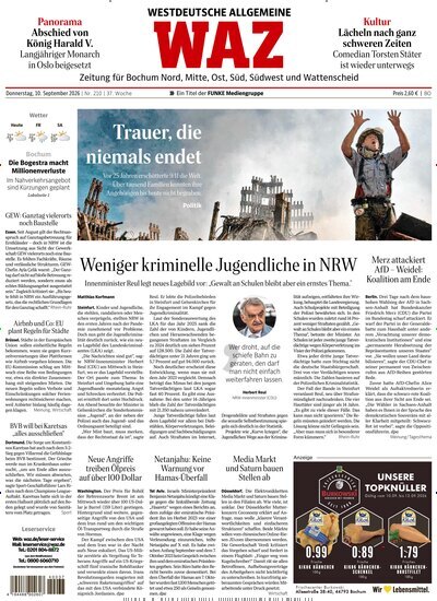 Titelbild der Ausgabe 210/2026 von WAZ Westdeutsche Allgemeine Zeitung für Bochum. Diese Zeitschrift und viele weitere Zeitungsabos als Abo oder epaper bei United Kiosk online kaufen.