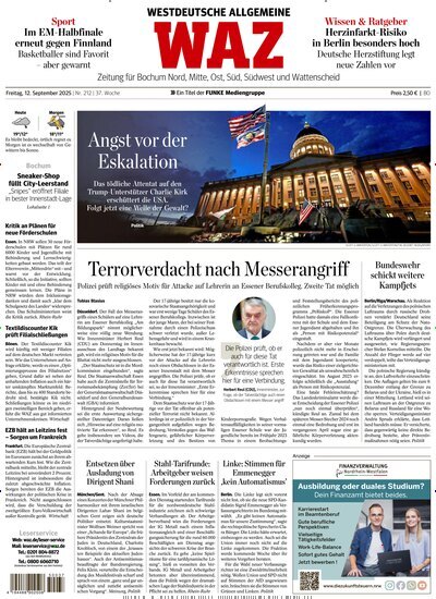 Titelbild der Ausgabe 212/2025 von WAZ Westdeutsche Allgemeine Zeitung für Bochum. Diese Zeitschrift und viele weitere Zeitungsabos als Abo oder epaper bei United Kiosk online kaufen.