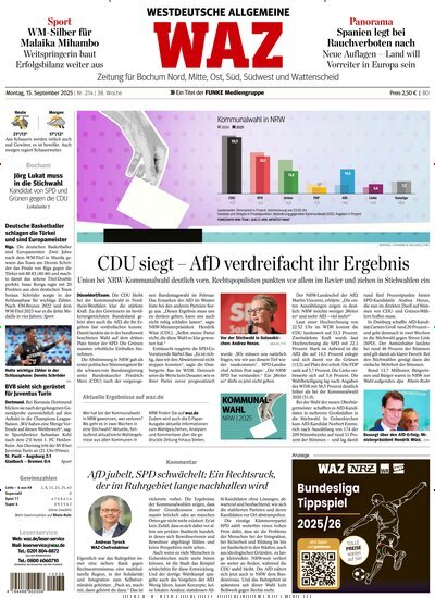 Titelbild der Ausgabe 214/2025 von WAZ Westdeutsche Allgemeine Zeitung für Bochum. Diese Zeitschrift und viele weitere Zeitungsabos als Abo oder epaper bei United Kiosk online kaufen.