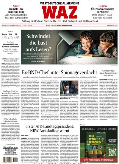 Titelbild der Ausgabe 232/2026 von WAZ Westdeutsche Allgemeine Zeitung für Bochum. Diese Zeitschrift und viele weitere Zeitungsabos als Abo oder epaper bei United Kiosk online kaufen.
