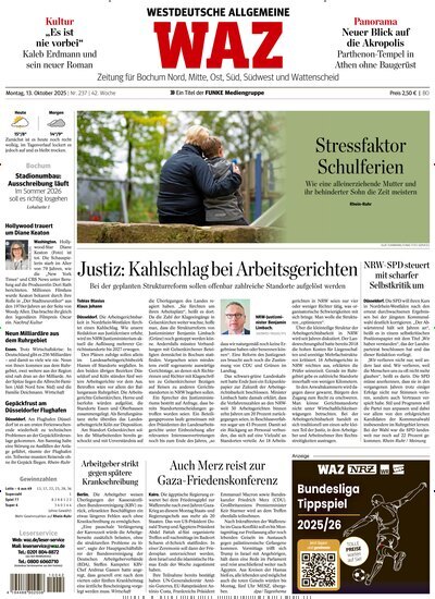 Titelbild der Ausgabe 237/2025 von WAZ Westdeutsche Allgemeine Zeitung für Bochum. Diese Zeitschrift und viele weitere Zeitungsabos als Abo oder epaper bei United Kiosk online kaufen.