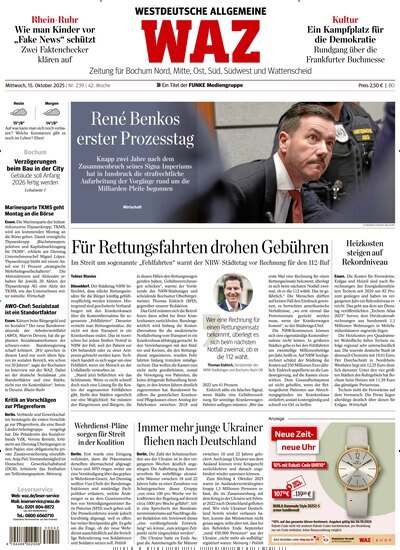 Titelbild der Ausgabe 239/2025 von WAZ Westdeutsche Allgemeine Zeitung für Bochum. Diese Zeitschrift und viele weitere Zeitungsabos als Abo oder epaper bei United Kiosk online kaufen.