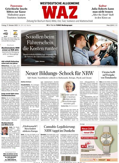 Titelbild der Ausgabe 241/2025 von WAZ Westdeutsche Allgemeine Zeitung für Bochum. Diese Zeitschrift und viele weitere Zeitungsabos als Abo oder epaper bei United Kiosk online kaufen.
