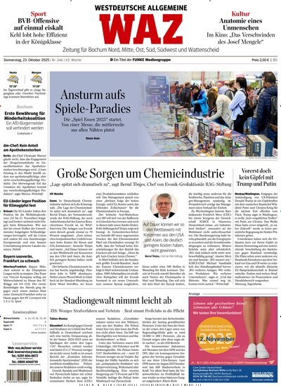 Titelbild der Ausgabe 246/2025 von WAZ Westdeutsche Allgemeine Zeitung für Bochum. Diese Zeitschrift und viele weitere Zeitungsabos als Abo oder epaper bei United Kiosk online kaufen.