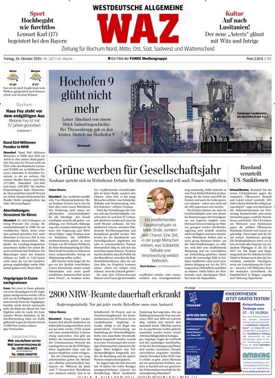 Titelbild der Ausgabe 247/2025 von WAZ Westdeutsche Allgemeine Zeitung für Bochum. Diese Zeitschrift und viele weitere Zeitungsabos als Abo oder epaper bei United Kiosk online kaufen.