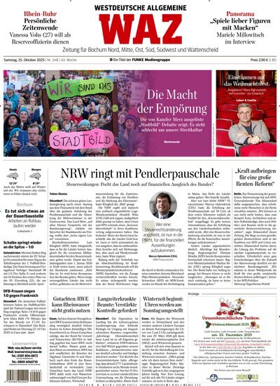 Titelbild der Ausgabe 248/2025 von WAZ Westdeutsche Allgemeine Zeitung für Bochum. Diese Zeitschrift und viele weitere Zeitungsabos als Abo oder epaper bei United Kiosk online kaufen.