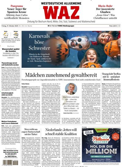 Titelbild der Ausgabe 253/2025 von WAZ Westdeutsche Allgemeine Zeitung für Bochum. Diese Zeitschrift und viele weitere Zeitungsabos als Abo oder epaper bei United Kiosk online kaufen.