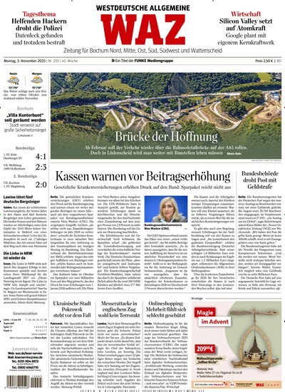 Titelbild der Ausgabe 254/2025 von WAZ Westdeutsche Allgemeine Zeitung für Bochum. Diese Zeitschrift und viele weitere Zeitungsabos als Abo oder epaper bei United Kiosk online kaufen.