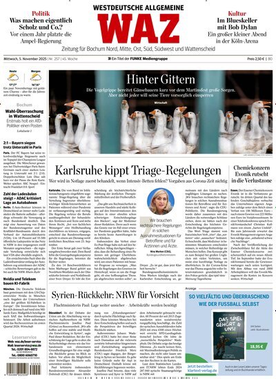 Titelbild der Ausgabe 256/2025 von WAZ Westdeutsche Allgemeine Zeitung für Bochum. Diese Zeitschrift und viele weitere Zeitungsabos als Abo oder epaper bei United Kiosk online kaufen.