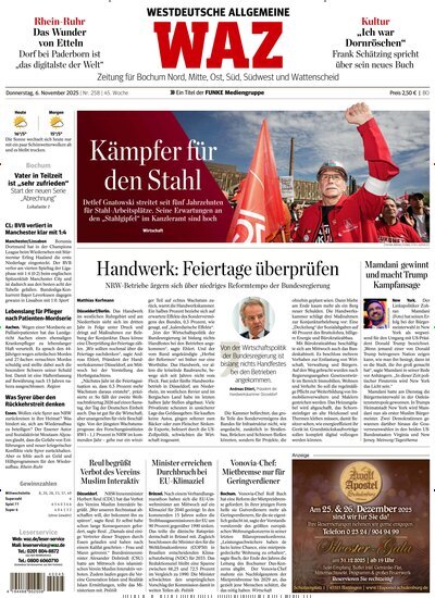 Titelbild der Ausgabe 257/2025 von WAZ Westdeutsche Allgemeine Zeitung für Bochum. Diese Zeitschrift und viele weitere Zeitungsabos als Abo oder epaper bei United Kiosk online kaufen.