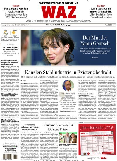 Titelbild der Ausgabe 258/2025 von WAZ Westdeutsche Allgemeine Zeitung für Bochum. Diese Zeitschrift und viele weitere Zeitungsabos als Abo oder epaper bei United Kiosk online kaufen.