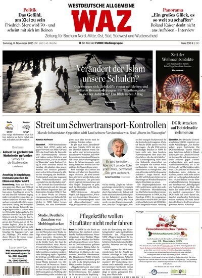 Titelbild der Ausgabe 259/2025 von WAZ Westdeutsche Allgemeine Zeitung für Bochum. Diese Zeitschrift und viele weitere Zeitungsabos als Abo oder epaper bei United Kiosk online kaufen.
