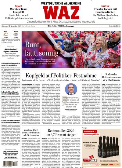 Titelbild der Ausgabe 262/2025 von WAZ Westdeutsche Allgemeine Zeitung für Bochum. Diese Zeitschrift und viele weitere Zeitungsabos als Abo oder epaper bei United Kiosk online kaufen.