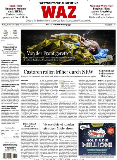 Titelbild der Ausgabe 266/2025 von WAZ Westdeutsche Allgemeine Zeitung für Bochum. Diese Zeitschrift und viele weitere Zeitungsabos als Abo oder epaper bei United Kiosk online kaufen.