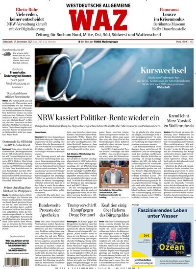 Titelbild der Ausgabe 293/2025 von WAZ Westdeutsche Allgemeine Zeitung für Bochum. Diese Zeitschrift und viele weitere Zeitungsabos als Abo oder epaper bei United Kiosk online kaufen.